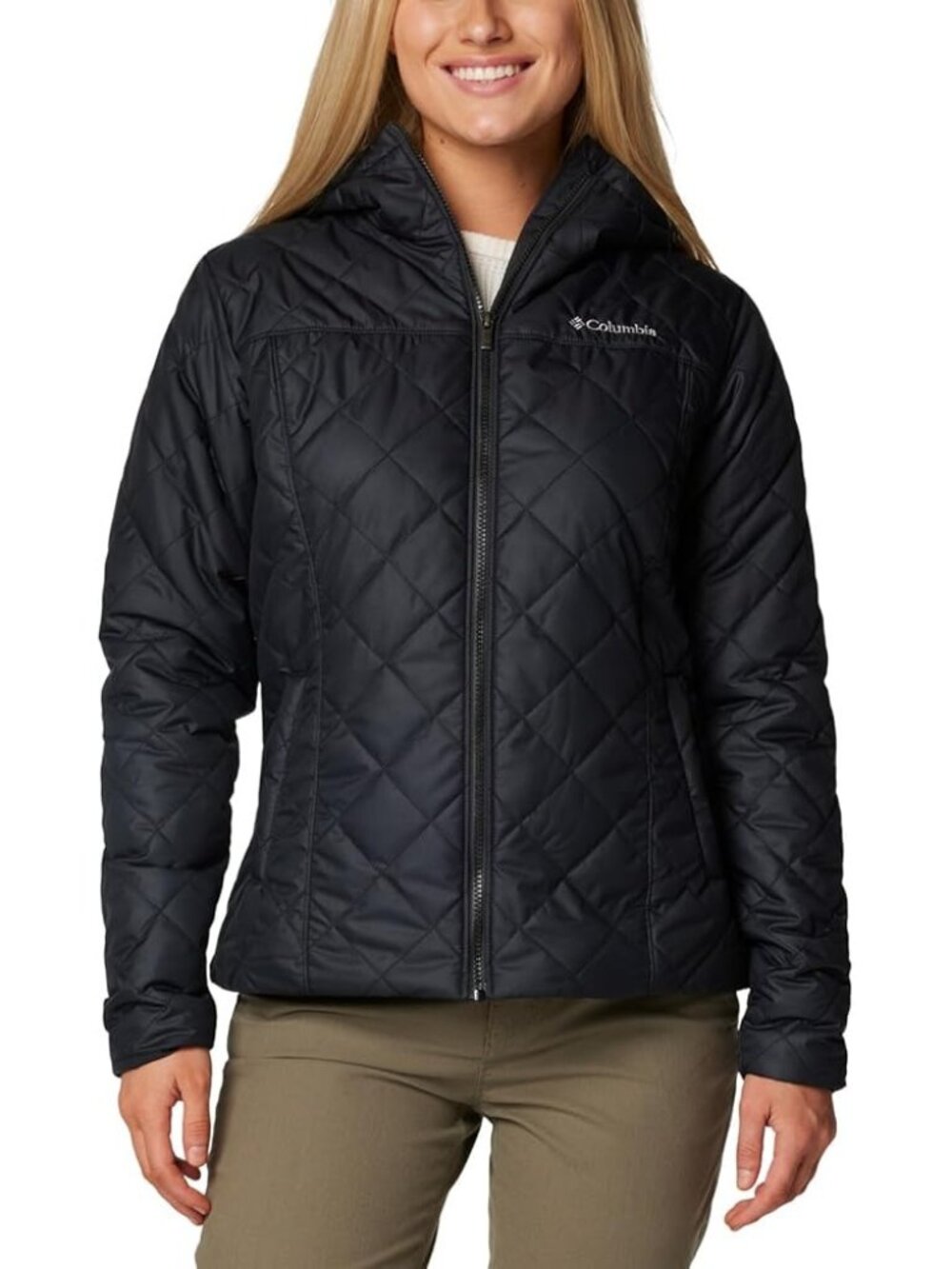 Columbia Womens Quilted Puffer Hooded Jacket L Black Faux Fur Lined Winter Coat